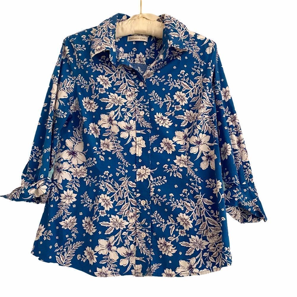 Coldwater Creek Blue Floral Toile Stretch Blouse